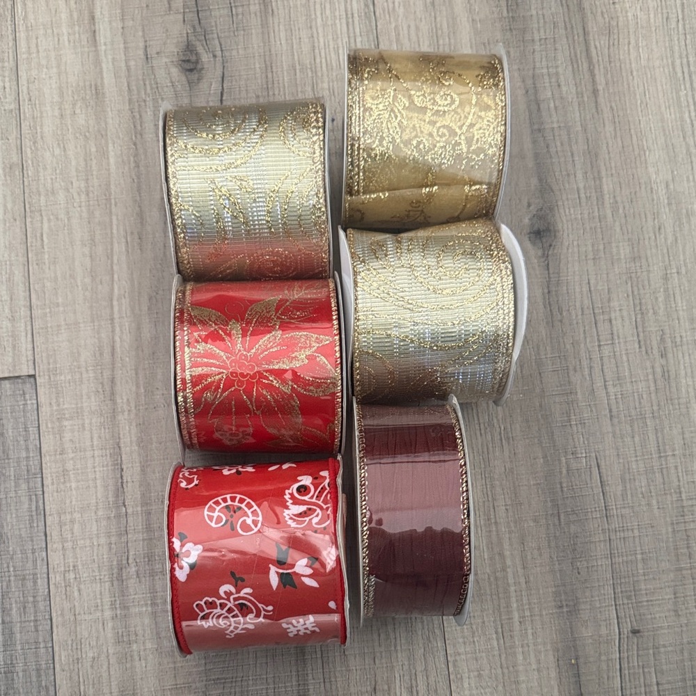 Set of Decorative Ribbons in Gold and Red and Maroon